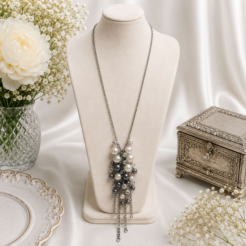 Silver Tone Pearl Rhinestone Tassel Necklace White Gray Pearls Long 28"